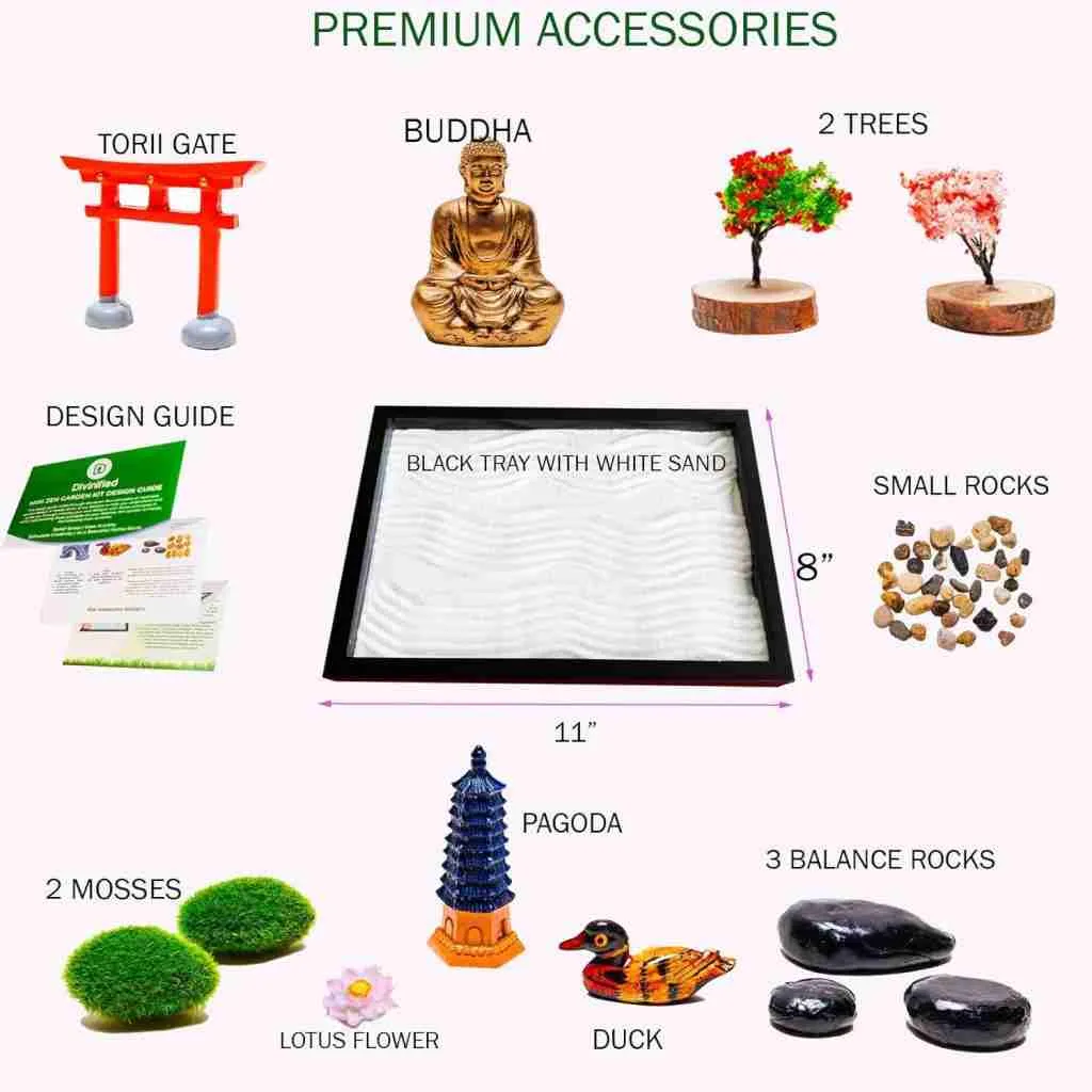 Mini Zen Garden for Desk 11x8In Black Tray. Premium 24 Piece Set with 8 Zen Rakes. Home, Office Sand Tray Therapy Kit for Meditation Table. Cute Zen Garden Décor, Buddha Japanese Garden Accessories